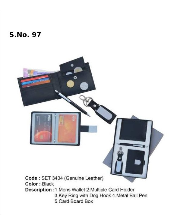 4 Piece Gift Set of gents wallet, multiple card holder, key ring with dog hook, metal ball pen, card board box
