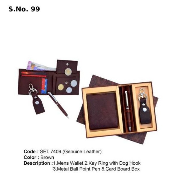 3 Piece Gift Set of gents wallet, key ring with dog hook, metal ball pen, premium card board box