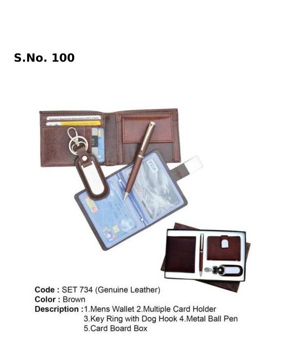 4 Piece Gift Set of gents wallet, multiple card holder, key ring with dog hook, metal ball pen, card board box