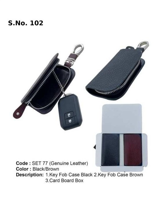 2 Piece Gift Set of key fob case black, key fob case brown, card board box
