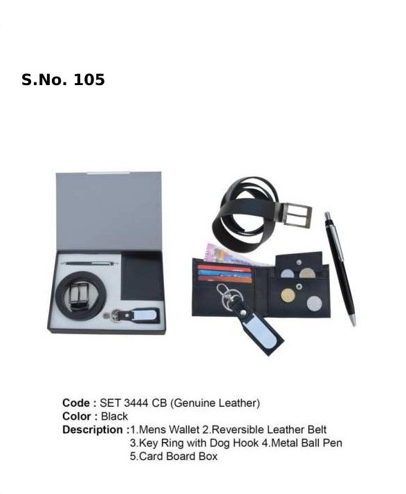 4 Piece Gift Set of gents wallet, reversible belt, key ring with dog hook, metal ball pen, card board box