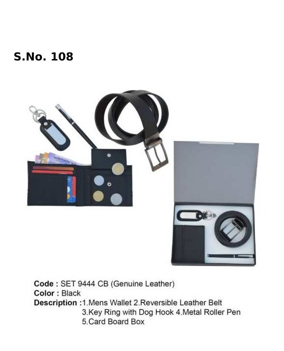 4 Piece Gift Set of gents wallet, reversible belts, key ring with dog hook, metal roller pen, card board box