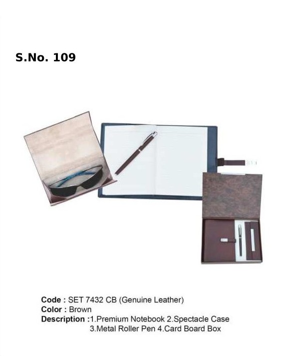 3 Piece Gift Set of premium notebook, spectacle case, metal roller pen, card board box