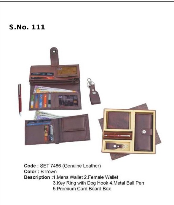 4 Piece Gift Set of ladies wallet, gents wallets, key ring with dog hook, metal ball pen, premium card board box