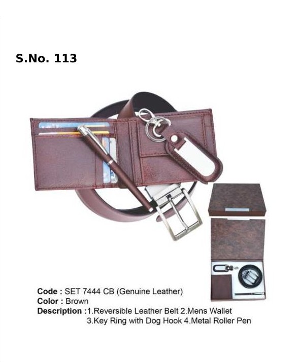 4 Piece Gift Set of reversible belt, gents wallet, key ring with dog hook, metal roller pen, card board box