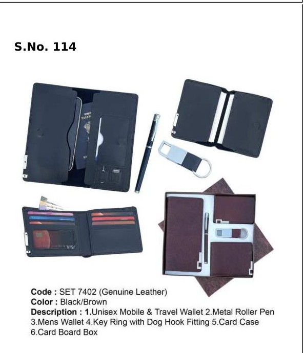 5 Piece Gift Set of unisex mobile & travel wallet, mens wallet, card case, metal roller pen, key ring with dog hook fitting, card board box