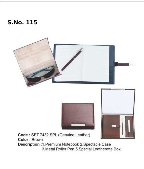 3 Piece Gift Set of premium notebook, spectacle case, metal roller pen, spcial leatherette box