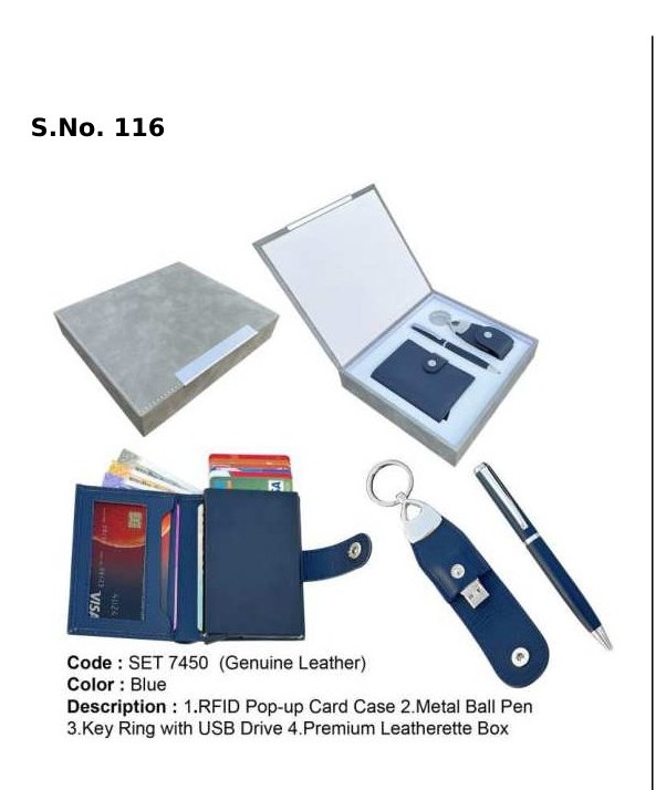 3 Piece Gift Set of RFID pop-up card case, key ring with usb drive, metal ball pen, premium leatherette box