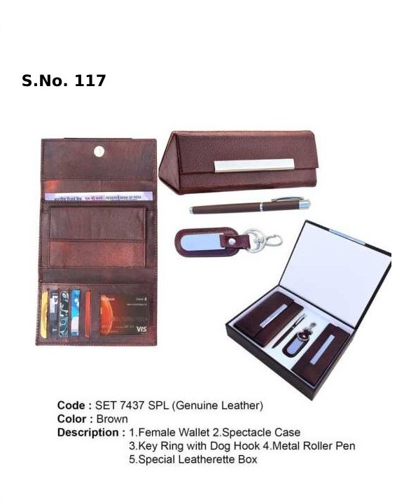 4 Piece Gift Set of ladies wallet, spectacle case, key ring with dog hook, metal roller pen, special leatherette box