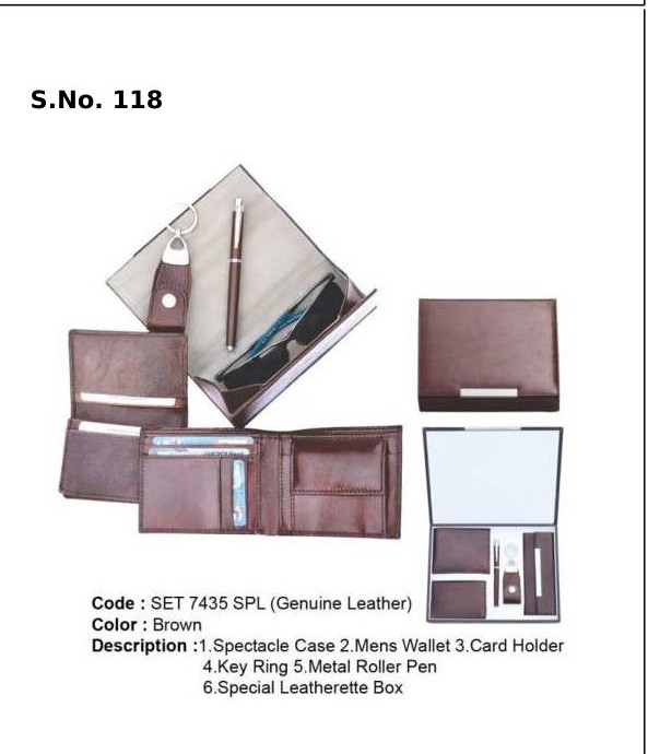 5 Piece Gift Set of spectacle case, gents wallet, card holder, key ring, metal roller pen, special leatherette box
