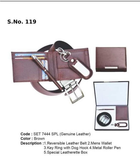 4 Piece Gift Set of reversible belt, gents wallet, key ring with dog hook, metal roller pen, special leatherette box