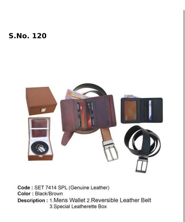 2 Piece Genuine leather Gift Set of reversible belt, gents wallet, special leatherette box