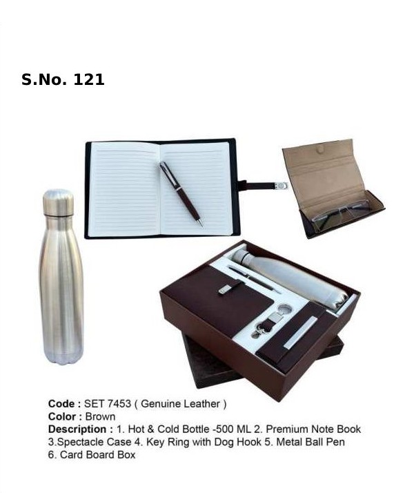 5 Piece Gift Set of hot & cold bottle - 500ml, premium notebook, spectacle case, key ring with dog hook, metal ball pen, card board box