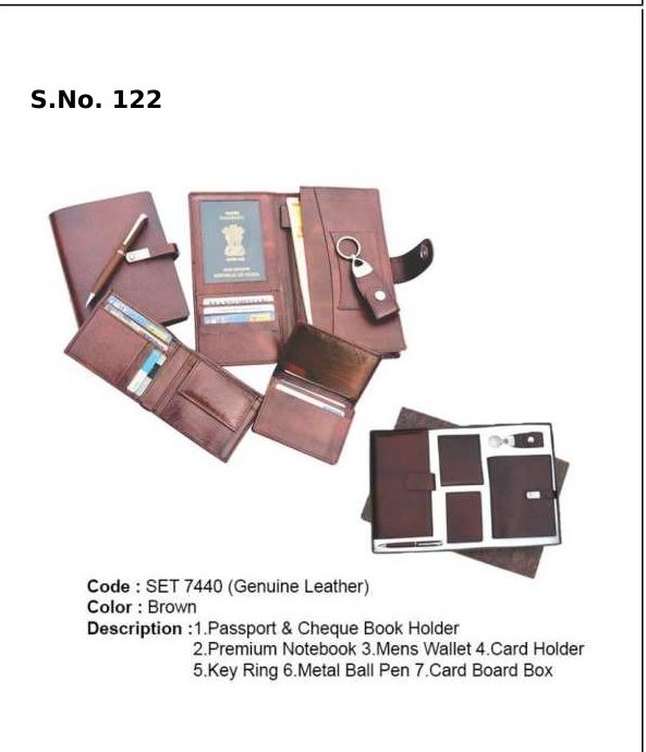 6 Piece Gift Set of passport & cheque book holder, premium notebook, gents wallet, card holder, key ring, metal ball pen, card board box