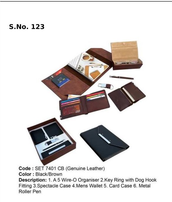 6 Piece Gift Set of A 5 wire-o organiser, spectacle case, gents wallet,  card case, key ring with dog hook, metal roller pen, card board box