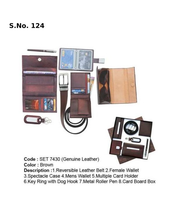 7 Piece Gift Set of reversible belt, ladies wallet, spectacle case, gents wallet, multiple card holder, key ring with dog hook, metal roller pen, card board box