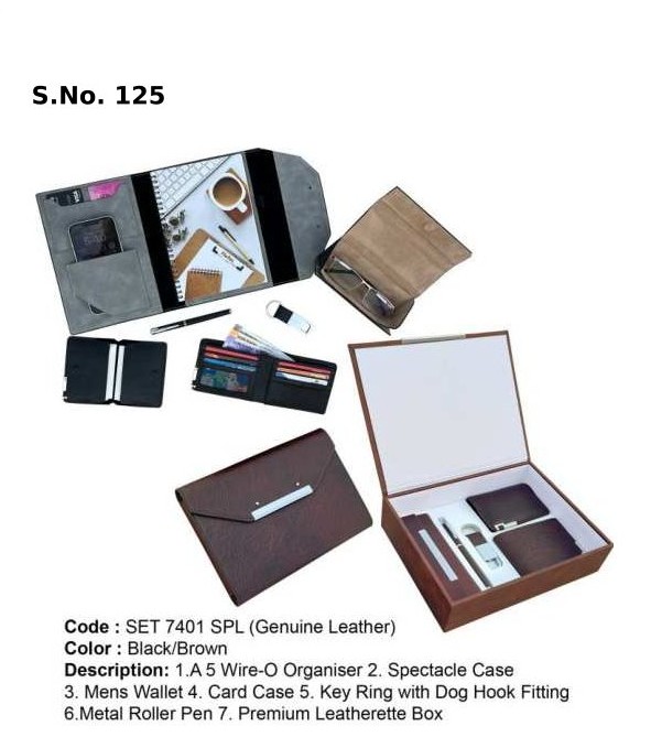 6 Piece Gift Set of A 5 wire-o organiser, spectacle case, mens wallet, card holder, metal roller pen, key ring with dog hook fitting, premium leatherette box