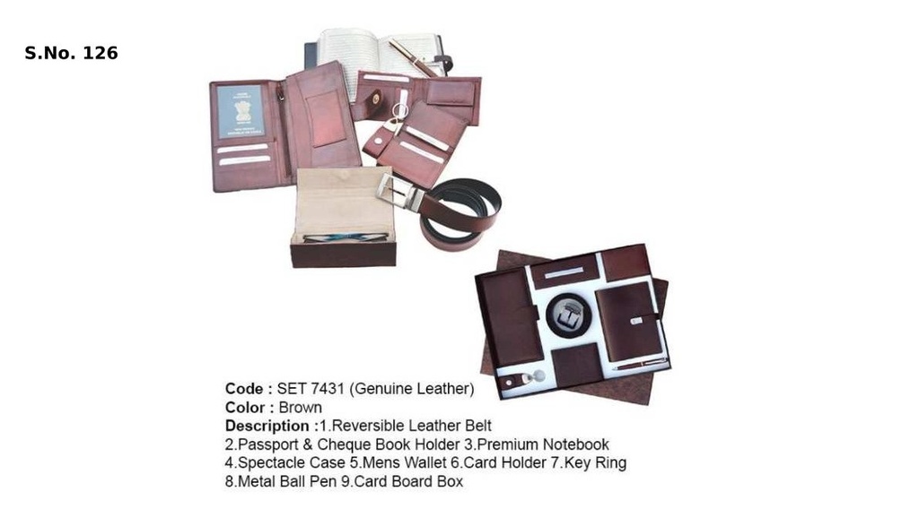 8 Piece Gift Set of reversible belt, passport & cheque book holder, premium notebook, spectacle case, gents wallet, card holder, key ring, metal ball pen, card board box