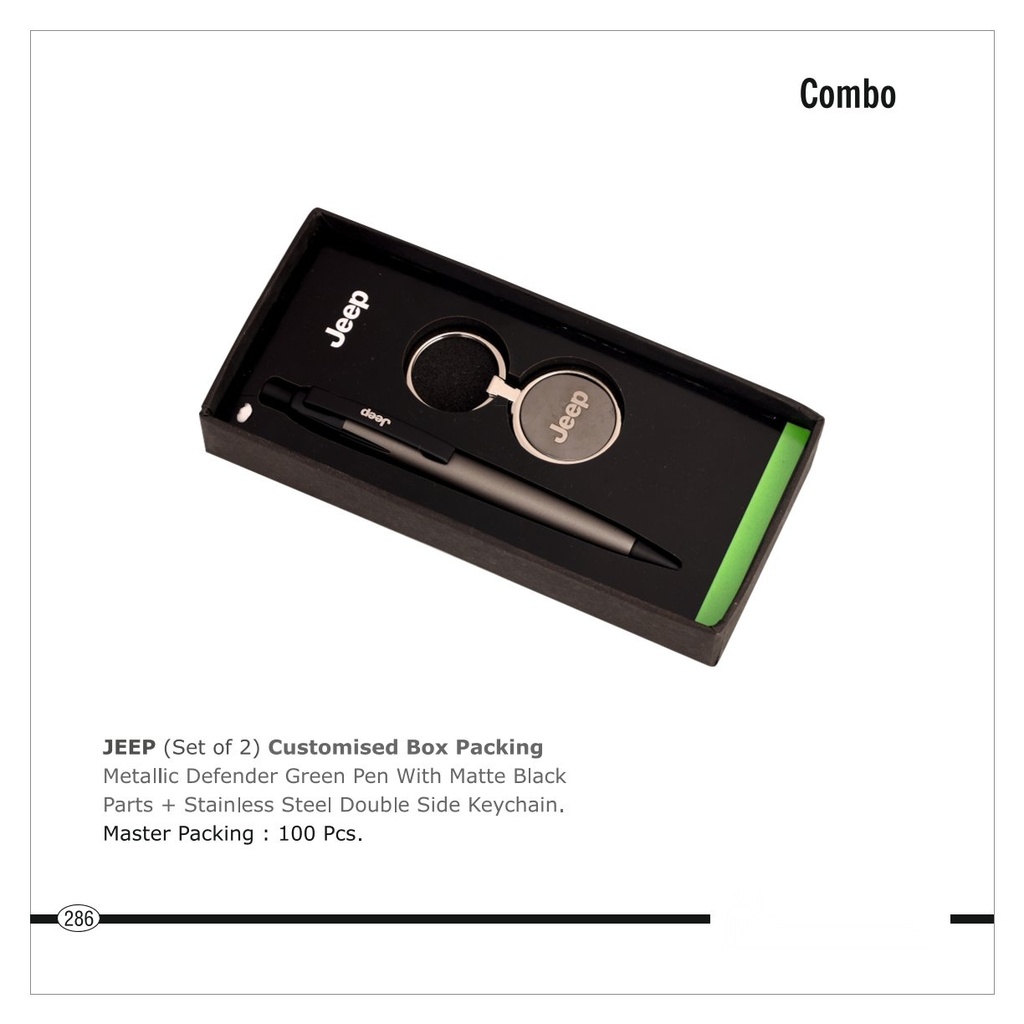 2Pc Set Of Customized Box Packing Metallic Defender Green Pen With Matte Black Parts + Stainless Steel Double Side Keychain