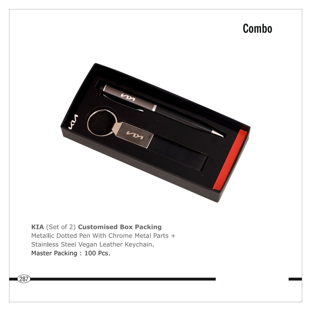 2 Pc Set Of Customized Box Packing Metallic Dotted Pen With Chrome Metal Parts + Stainless Steel Vegan Leather Keychain
