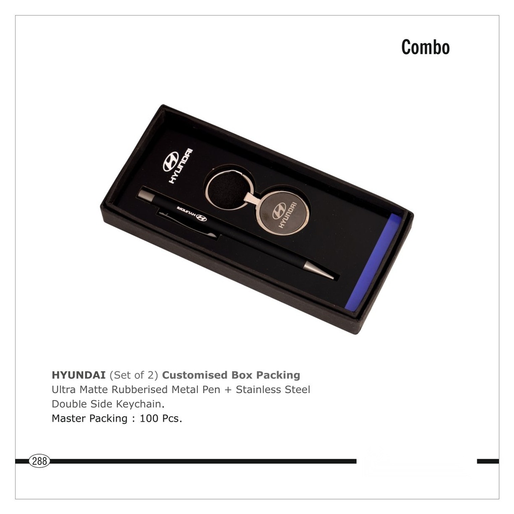 2 pc set of Customised Box Packing Ultra Matte Rubberised Metal Pen + Stainless Steel Double Side Keychain