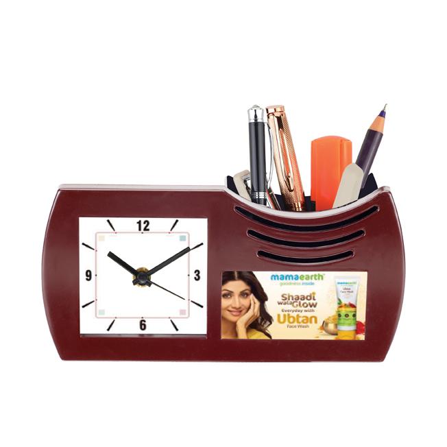 Table Clock With Pen Stand - Size	6.47X3.78"
