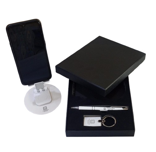 3 in 1 set white mobile stand, keychain, pen