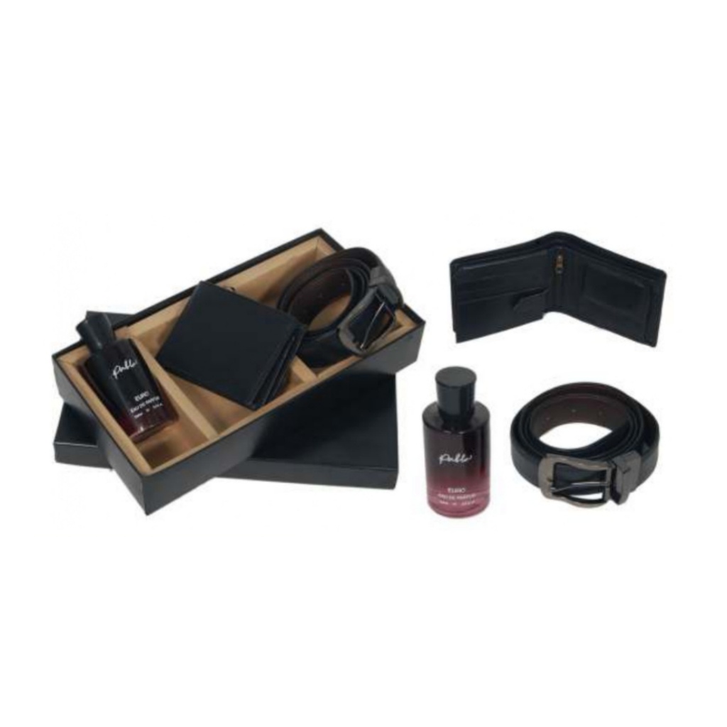 3 In 1 Black Leather Perfume Set,Gents Wallet , Perfume,Belt And Box