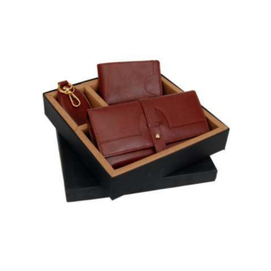 3 In 1 Brown Leatherette Set With Ladies And Gents Wallet,Key Chain And Box