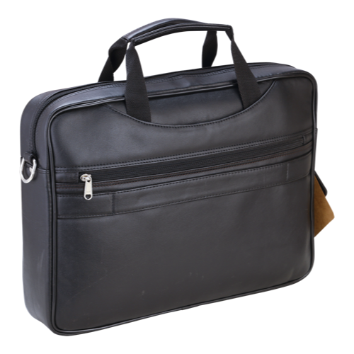 Bag - Vegan Leather Black, 15.5 Inches Laptop Bag With Hidden Handle, Sling Belt, Trolley Belt, Charger Pocket , Zipper: 1 Primary + 1 Side + 1 Internal