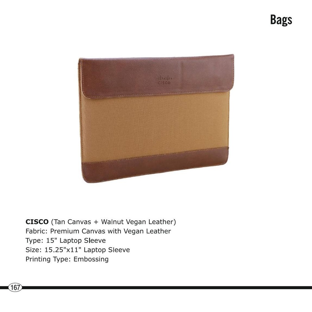 Cisco  |  Laptop Sleeve - (Tan Canvas + Walnut Vegan Leather), Fabric : Premium Canvas With Vegan Leather, Size : 15.25" X 11" Laptop Sleeve, Printing Type : Embossing