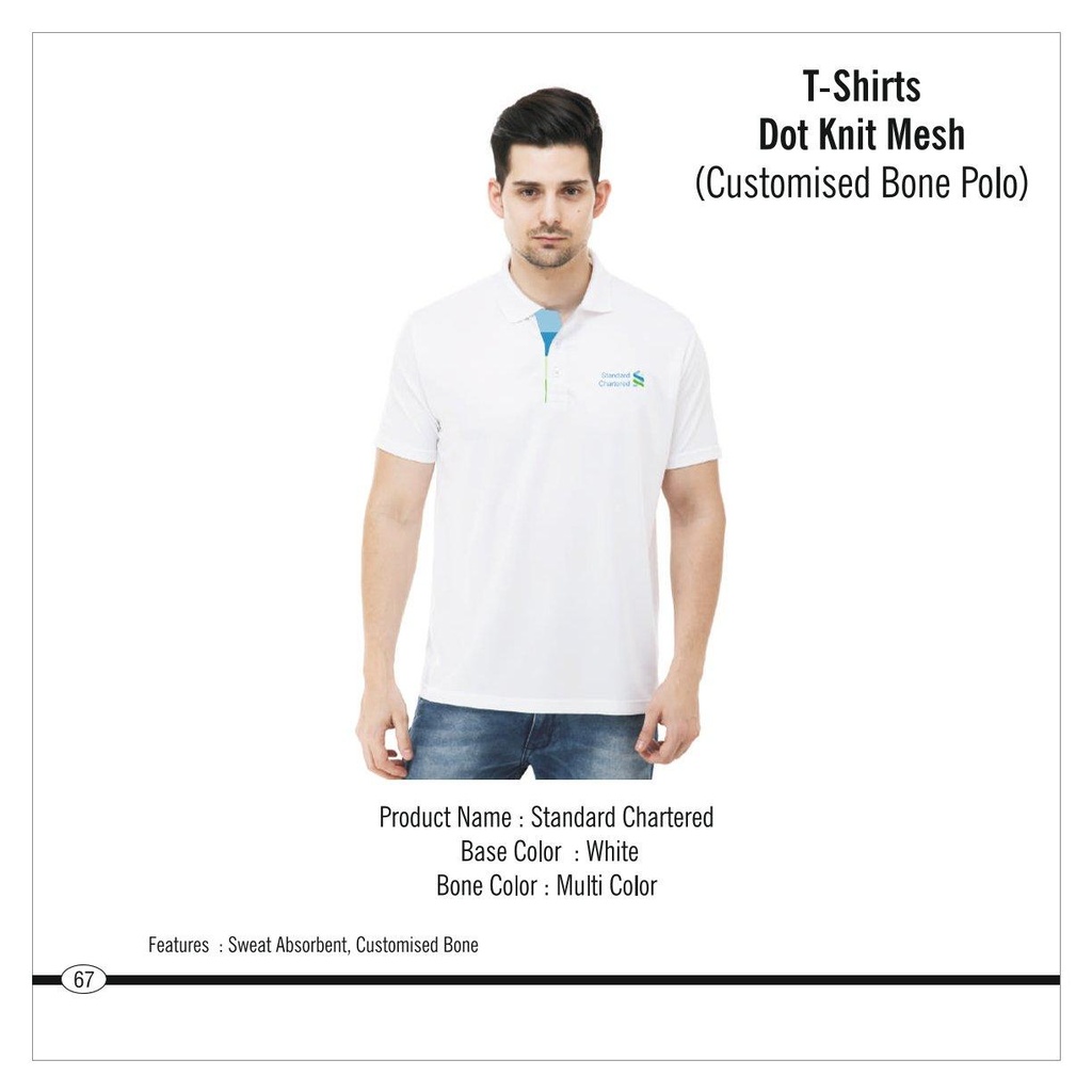 Standard Chartered  |  T-Shirt - (Polo Eco), Fabric : Dot Knit Mesh, Base Colour : White, Bone Colour : Multicolour, Features : Sweat Absorbent, Contrast Bone