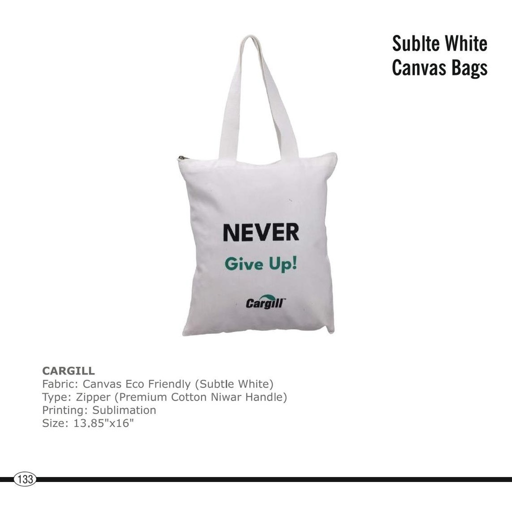 Cargill  |  Bag - Canvas, Fabric : Canvas Eco Friendly (Subtle White),Type : Zipper (Premium Cotton Niwar Handle), Printing : Sublimation, Size : 13.85" X 16"