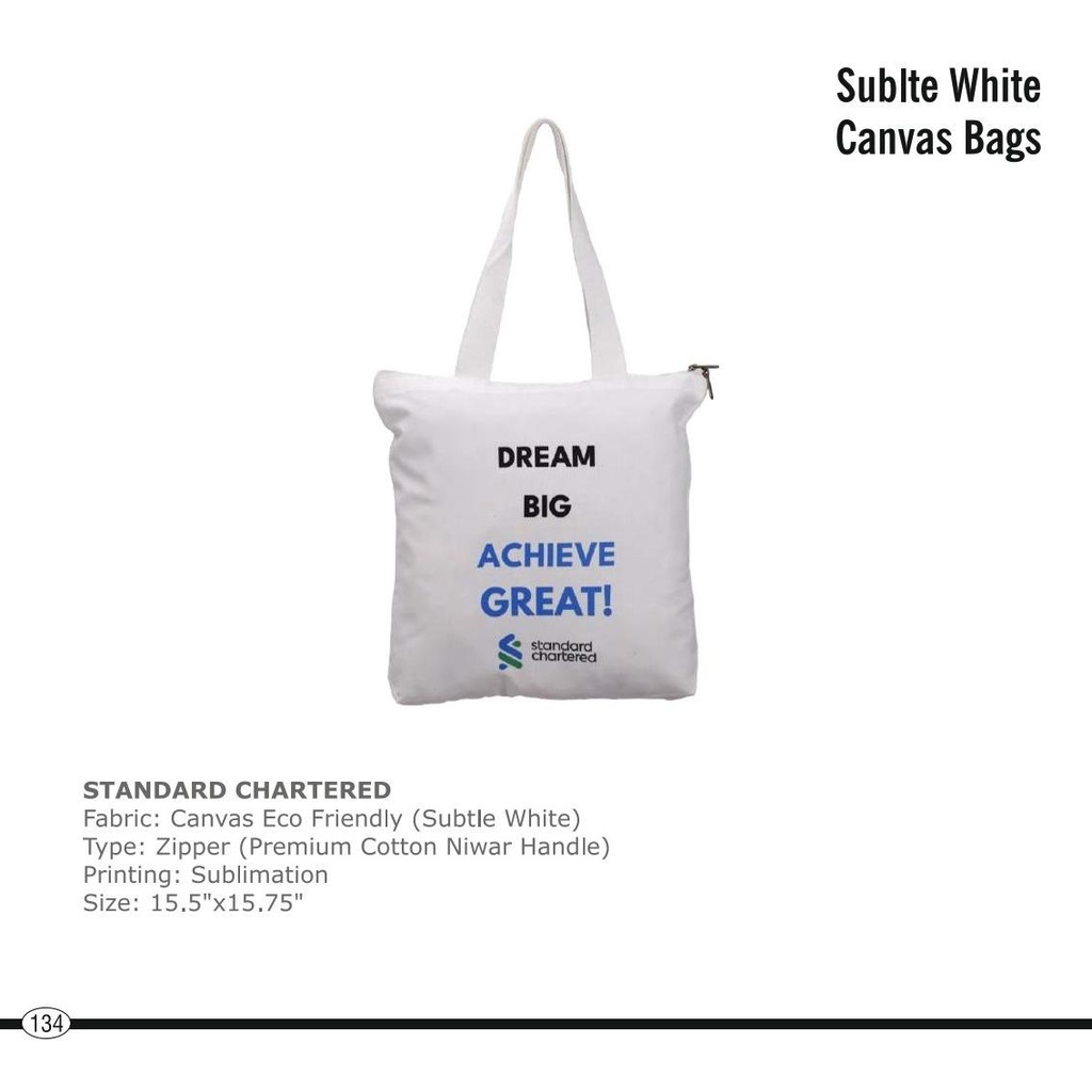Standard Chartered  |  Bag - Canvas, Fabric : Canvas Eco Friendly (Subtle White), Type : Zipper (Premium Cotton Niwar Handle), Printing : Sublimation, Size : 15.5" X 15.75"