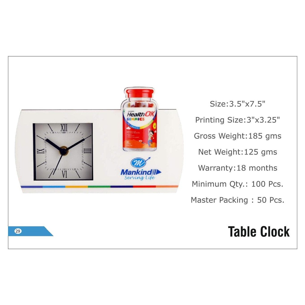 Mankind  |  Table Clock - Size : 3.5" X 7.5" Printing Size : 3" X 3.25" (Moq : 100 Pcs)