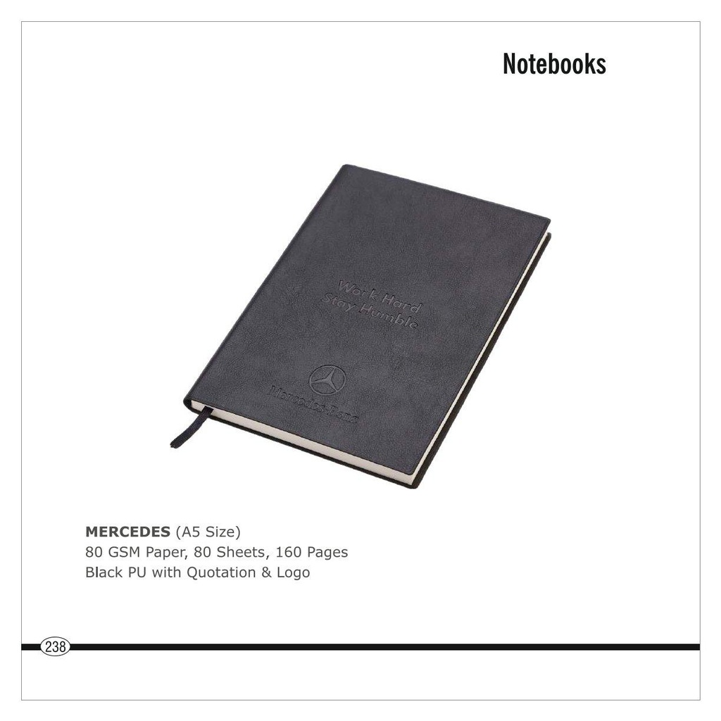 Mercedes  |  Note Book - Size : A5, 80 Gsm Paper, 80 Sheets, 160 Pages, Black Pu With Quotation & Logo With Box