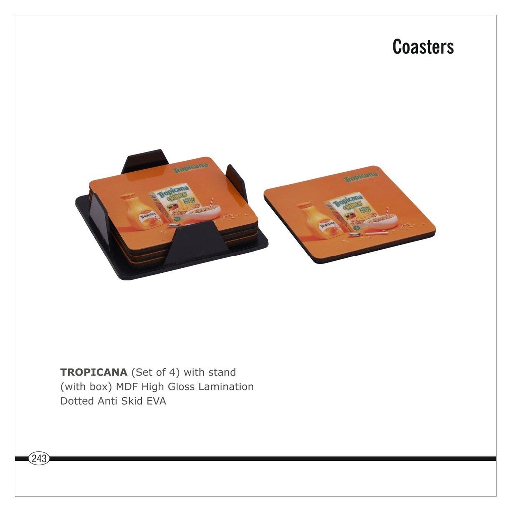 Tropicana  |  Coaster Set Of 4 Pcs With Stand (With Box) Mdf High Gloss Lamination Dotted Anti Skid Eva