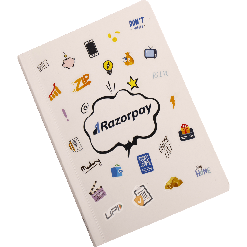 NOTEBOOK - Soft Cover Die cut Stickers at the back +Raised UV 350 GSM Cover 80 GSM Paper, 192 Pages Contains 32 tear away slips MOQ-200pcs