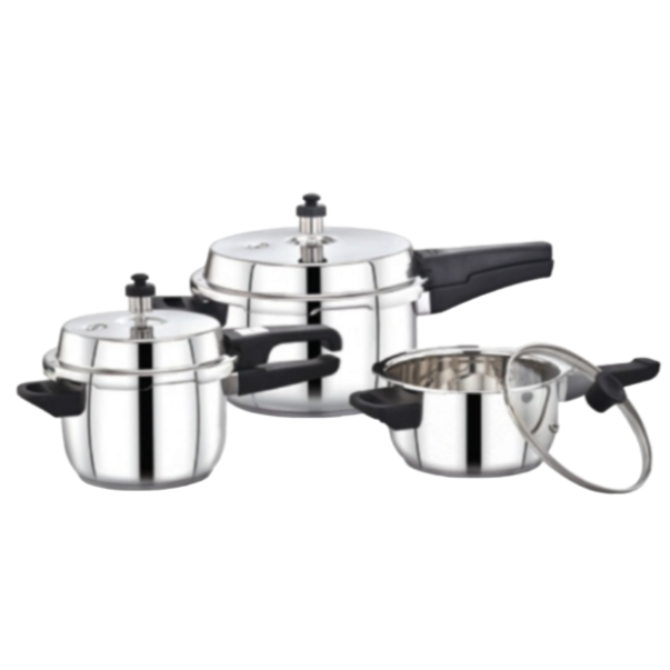 Stainless Steel Pressure Cooker Combo - Size :  2Ltr,3Ltr & 5Ltr Common Lid for 2 & 3Ltr  (3 body,2lid,1glass lid)