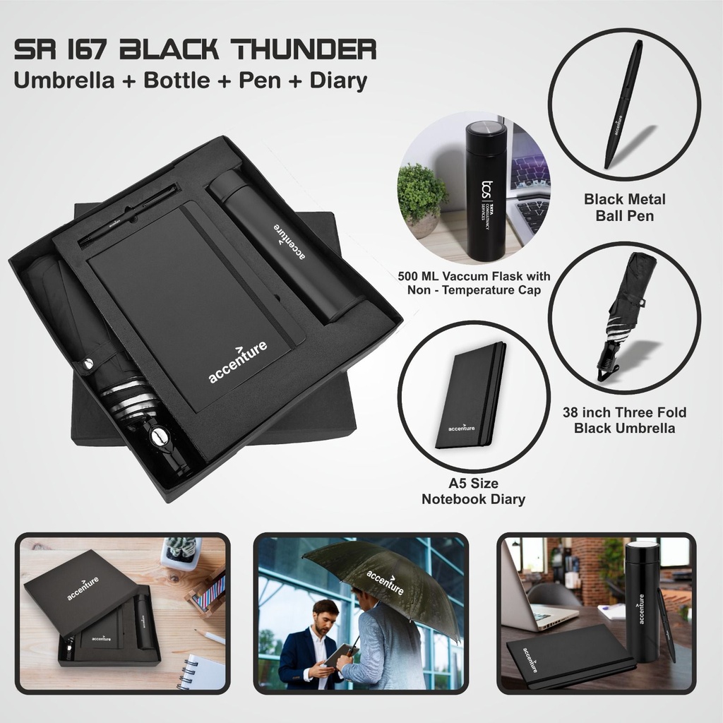 Black Thunder Premium Gift Set: 500ml Vacuum Flask, 38-inch Three Fold Umbrella, A5 Notebook Diary & Metal Ball Pen - Ideal for Professionals