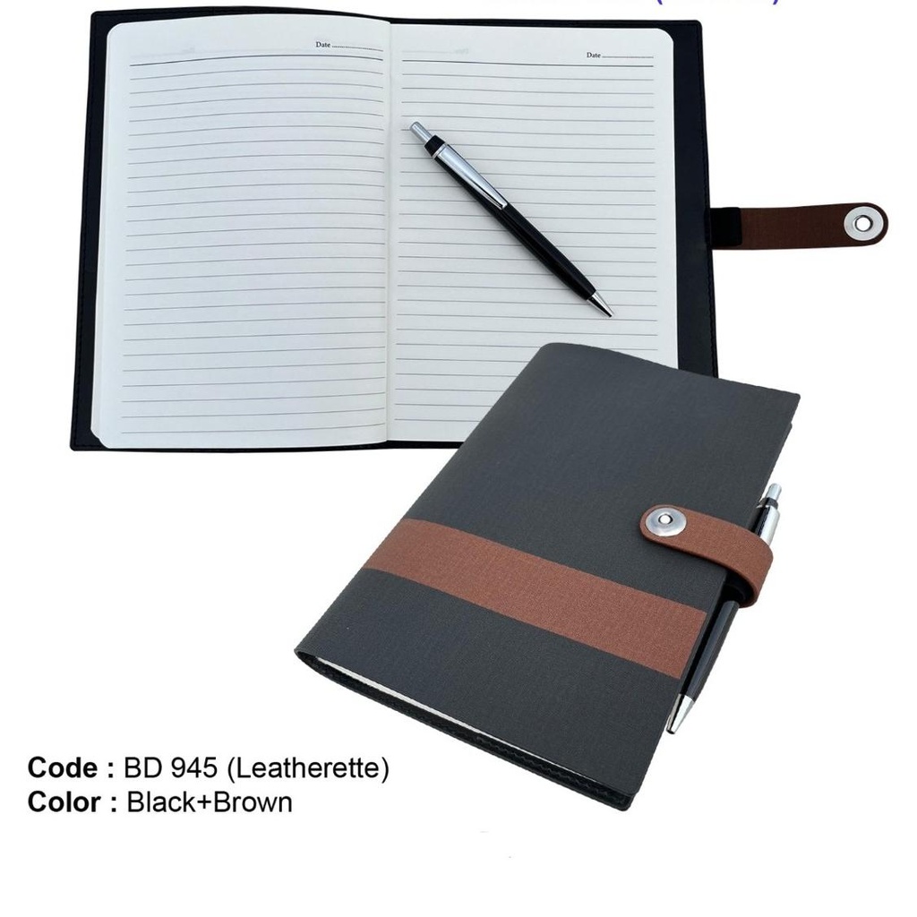 BD 945 Leatherette A5 Premium Notebook with Metal Pen - Stylish Black & Brown Design