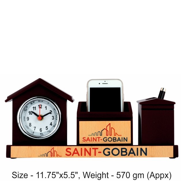 Pen Stand, Mobile Holder With Clock - Size : 29.8x13.9 cm, Weight- 570 gm(Appx)