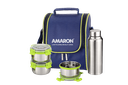 Lunch Box Stainless Steel (5 Pcs Set) - 3 pcs 350 ML Containers, 1 Pc Water Bottle Stainless Steel 750 ML with Bag