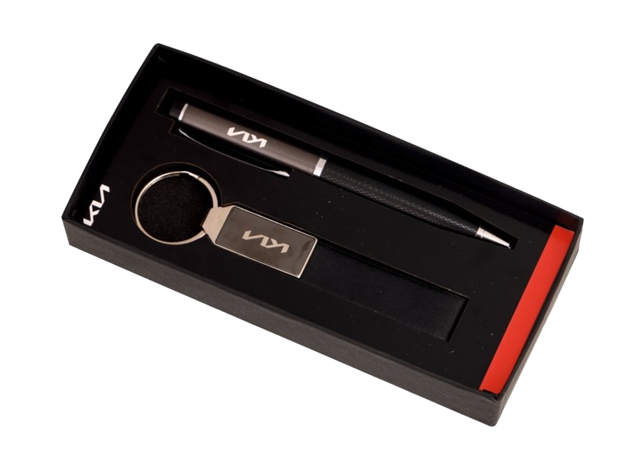 2 Pc set of Metal Pen + Stainless Steel Vegan Leather keychain with customised box packing
