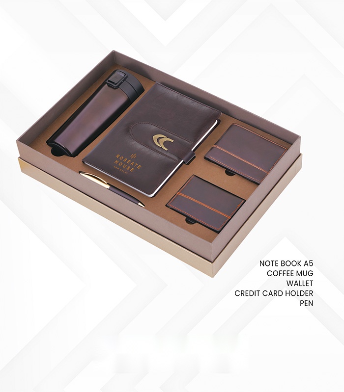 Note book (A5 size ),Coffee mug,Wallet,V card holder & Pen (5pc set)