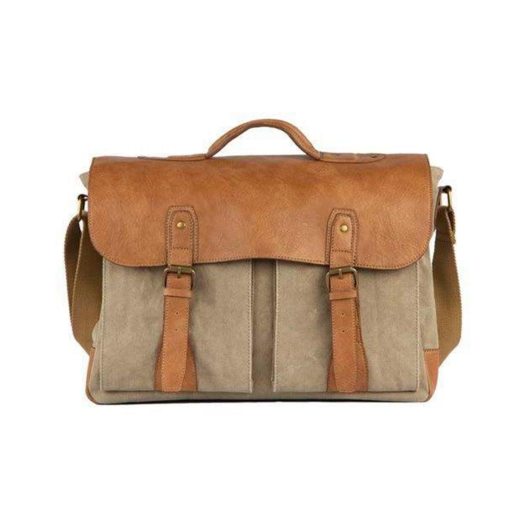 [60568] Brown 100% Cotton Canvas Messenger Crossbody Laptop Bag For Upto 14" Laptop/Mac Book/Tablet With Stylish Design For Men And Women