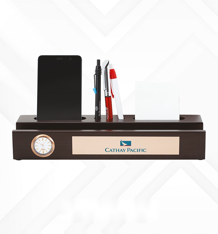 [63638] Wooden Desk organizer with Clock & Phone holder