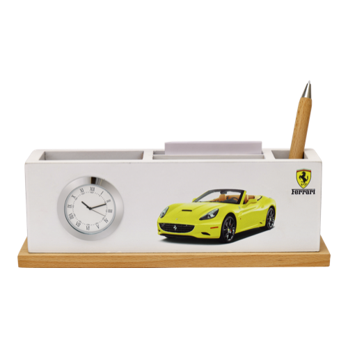 [60739] Ferrari Table Clock With Pen And Pad Size :  2.75"X9.5"