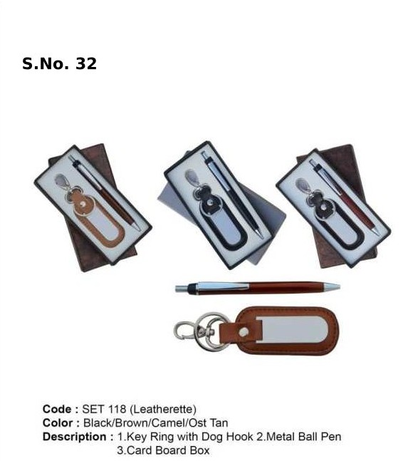 [63846] 2 Piece Gift Set of Leatherite key ring with dog hook, metal ball pen, card board  box