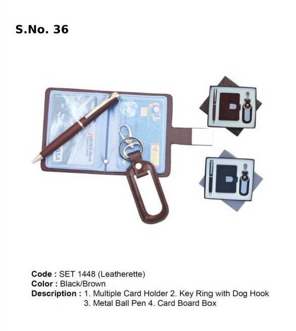 [63849] 3 Piece Gift Set of multiple card holder, key ring with dog hook, metal ball pen, card board box
